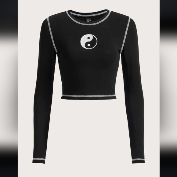 SHEIN EZwear Yin And Yang Pattern Stitch Embroidery Crop Tee - Picture 1 of 4